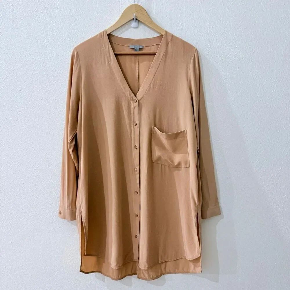 COS Women's Size 4 Tan Muted Orange 100% Silk Long Sleeve Button Down Shirt Top